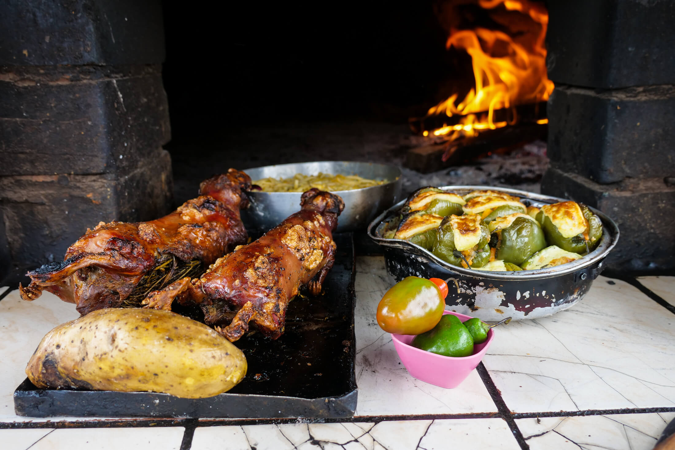 The clay oven's porcelain tiles that make it easier to slide food in and out.